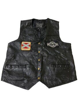 Navarre Italian Stone Biker Vest w/Patches Womens Size L Genuine Black Leather